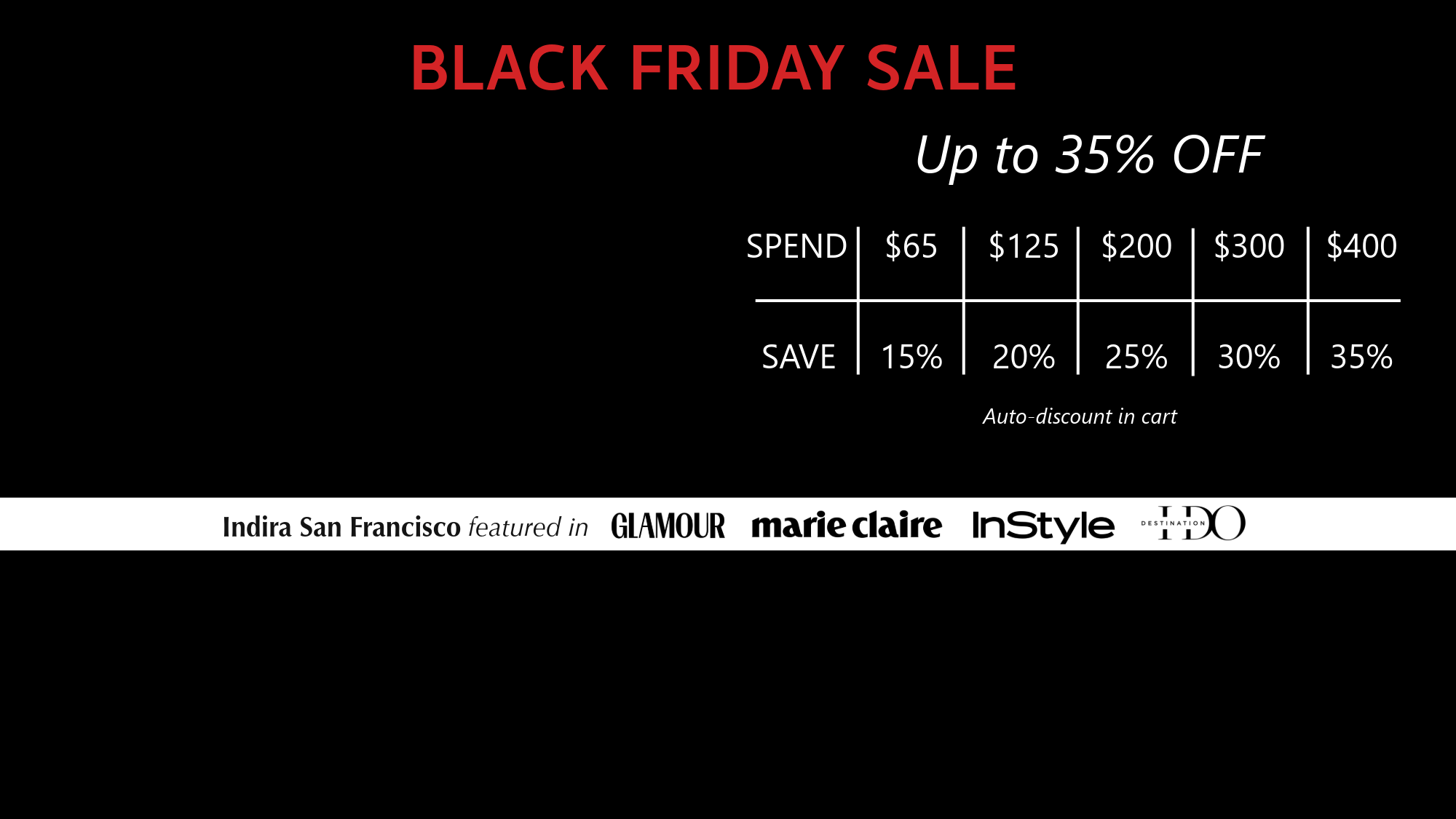 Indira San Francisco Black Friday Cyber Monday sale. Up to 35% OFF. Modern, clean, luxury perfumes. Perfect holiday gifts.