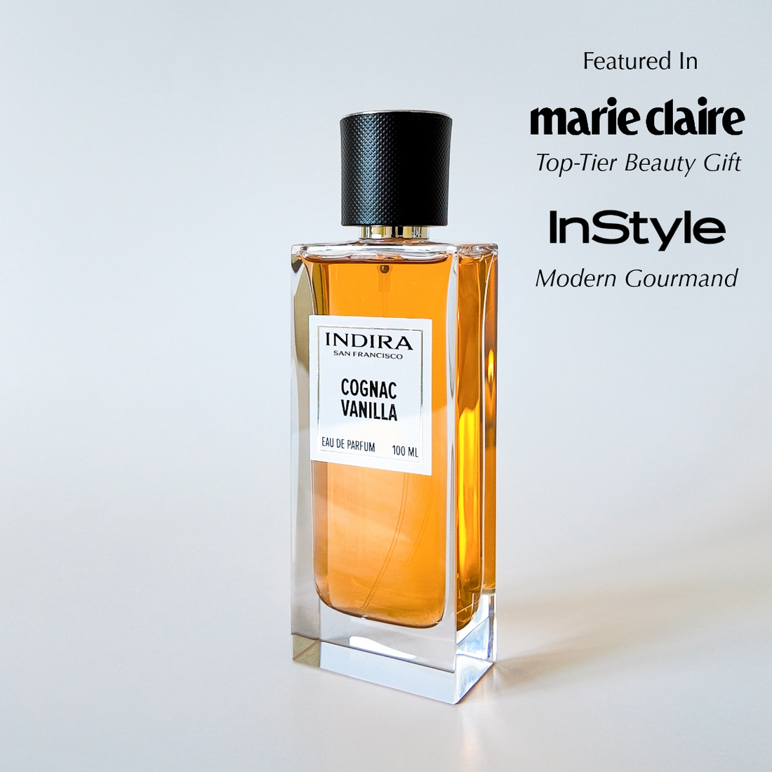 Indira Cognac Vanilla perfume as featured in Marie Claire and InStyle